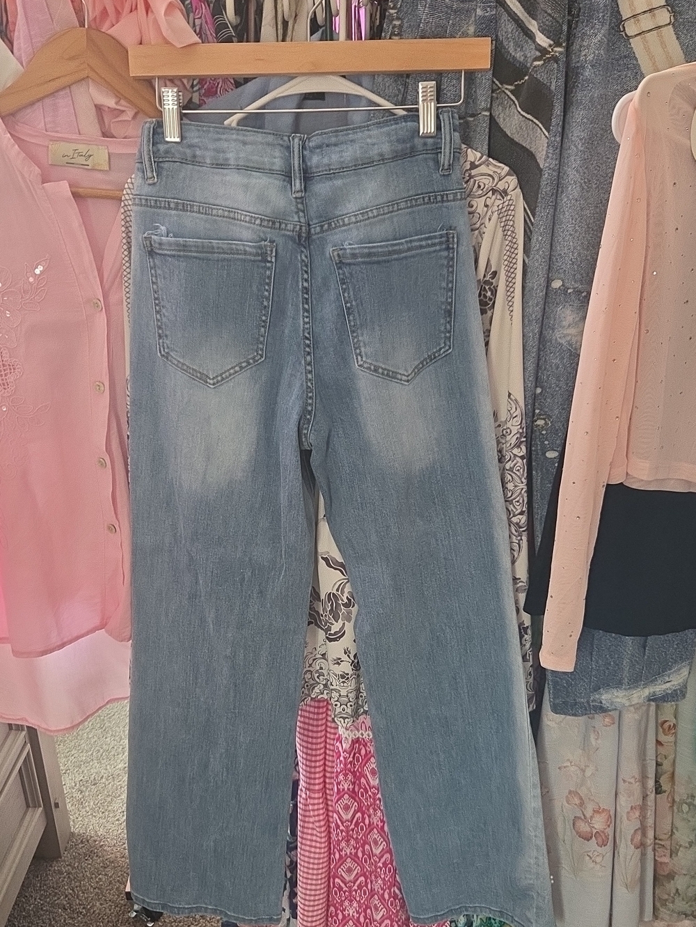 Embellished Light Blue Wide-Leg Jeans by Jewelly With Flower and Pearl Detail. - Picture 10 of 11